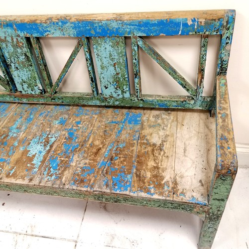 285 - Continental teak bench with traces of original paint - in good used condition - 176cm long x 46cm de... 