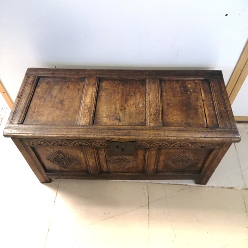 306 - Antique oak coffer with 3 etched panels to the front - 116cm long x 49cm deep x 56cm high