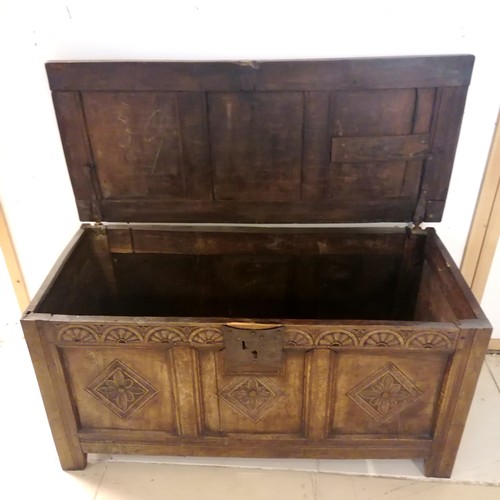 306 - Antique oak coffer with 3 etched panels to the front - 116cm long x 49cm deep x 56cm high