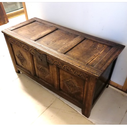 306 - Antique oak coffer with 3 etched panels to the front - 116cm long x 49cm deep x 56cm high