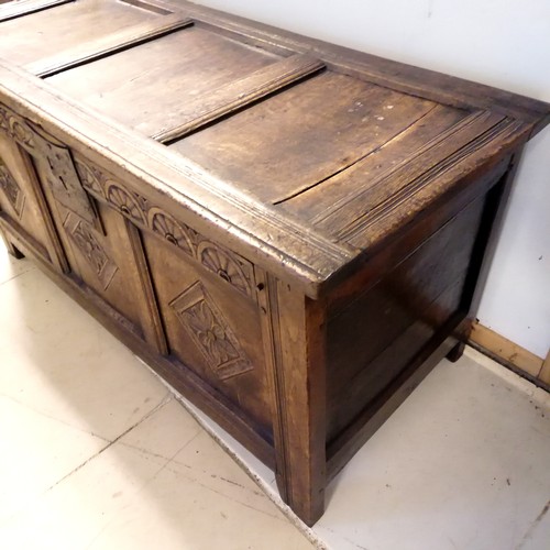 306 - Antique oak coffer with 3 etched panels to the front - 116cm long x 49cm deep x 56cm high