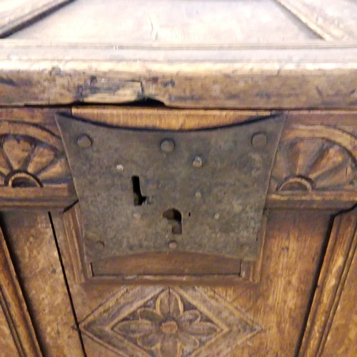 306 - Antique oak coffer with 3 etched panels to the front - 116cm long x 49cm deep x 56cm high