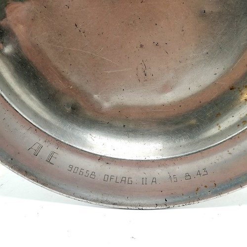 311 - WWII (1943 dated) German OFLAG IIA prisoner of war camp metal mess plate - 24cm diameter