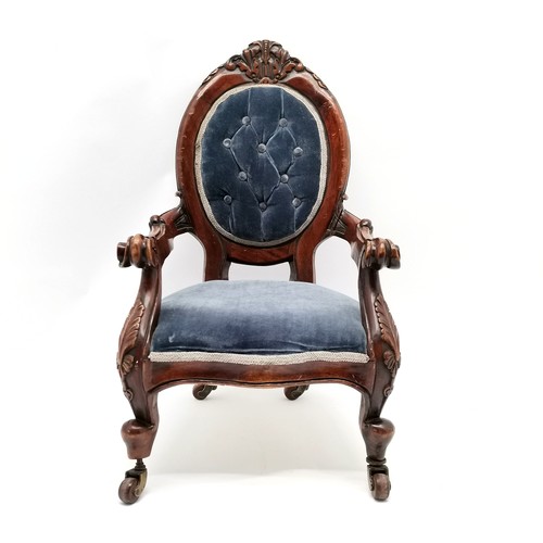 328 - Antique childs mahogany open armchair with blue upholstery 60cm high x 35cm wide x 33cm deep - has a... 