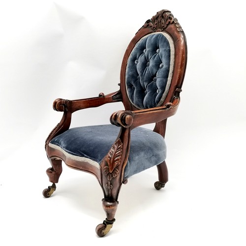 328 - Antique childs mahogany open armchair with blue upholstery 60cm high x 35cm wide x 33cm deep - has a... 