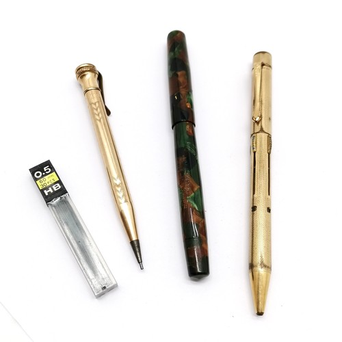 344 - Swan fountain pen with 14ct gold nib t/w gold filled Eversharp (has dent) & multi pen (12.5cm)