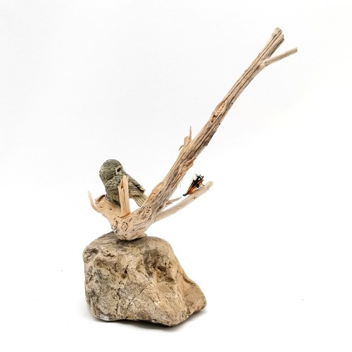 346 - Contemporary sculpture of owl with butterfly on branches - 40cm high