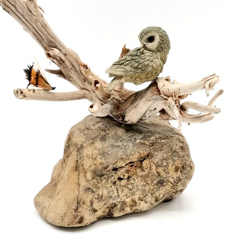 346 - Contemporary sculpture of owl with butterfly on branches - 40cm high