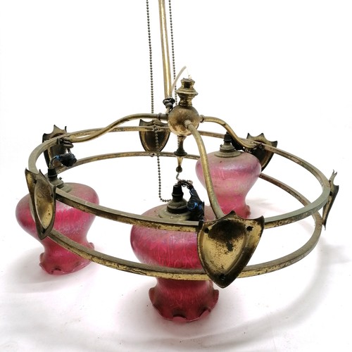 349 - Antique Arts & Crafts brass framed ceiling light fitment with 3 iridescent glass pendant light shade... 