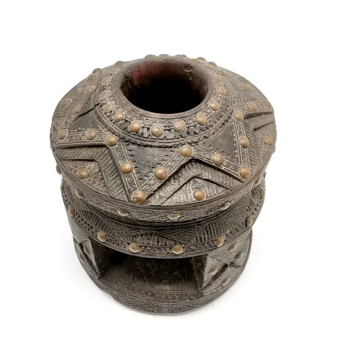 350 - Antique hardwood tribal mortar with brass stud & hand carved detail - 20cm high x 18cm diameter