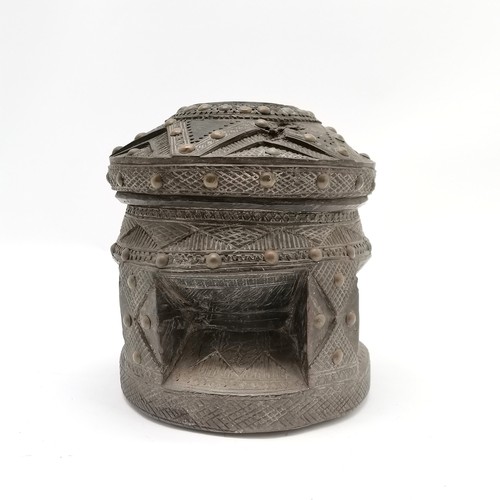 350 - Antique hardwood tribal mortar with brass stud & hand carved detail - 20cm high x 18cm diameter