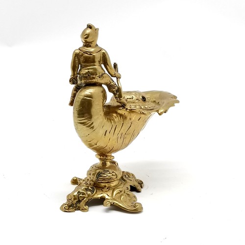 352 - Antique gilded brass inkwell with shell design bowl & figural detail - 13cm high