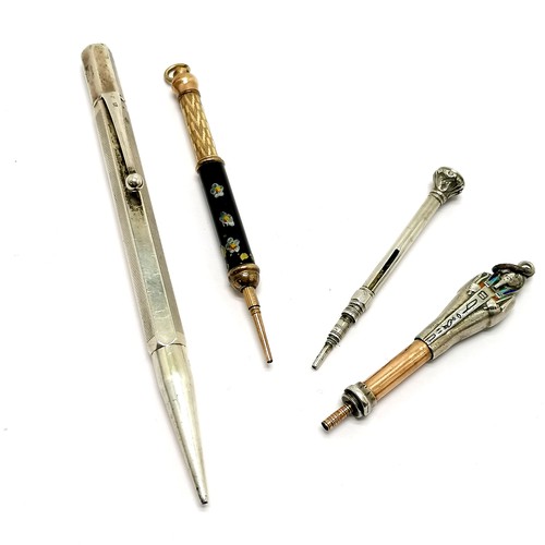 354 - 4 x antique propelling pencils inc silver, Egyptian revival (7cm extended) etc - slight losses to en... 