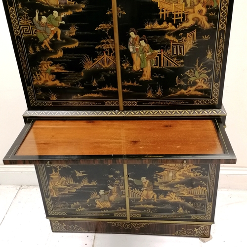 357 - Chinese lacquer drinks/cocktail cabinet with figural and bird detail to the panels, mahogany fitted ... 