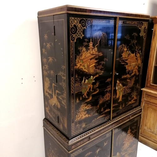 357 - Chinese lacquer drinks/cocktail cabinet with figural and bird detail to the panels, mahogany fitted ... 