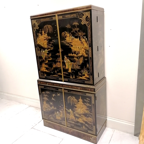 357 - Chinese lacquer drinks/cocktail cabinet with figural and bird detail to the panels, mahogany fitted ... 