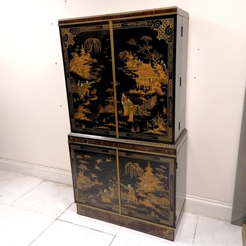 357 - Chinese lacquer drinks/cocktail cabinet with figural and bird detail to the panels, mahogany fitted ... 