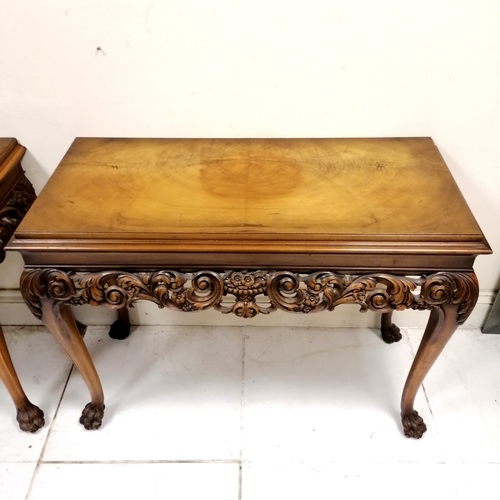 358 - Matched pair of mahogany side tables with carved freize and carved hairy paw feet  - no obvious dama... 