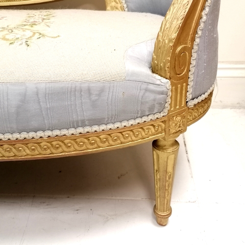 359 - Antique continental carved giltwood framed 2 seater sofa with blue upholstery and embroidered detail... 