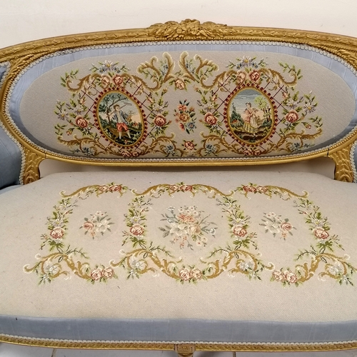 359 - Antique continental carved giltwood framed 2 seater sofa with blue upholstery and embroidered detail... 