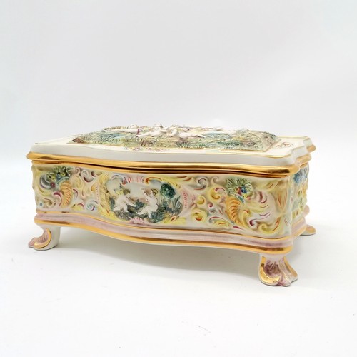 363 - Capodimonte porcelain large table box with cherubic detail terminating on 4 acanthus leaf detail fee... 