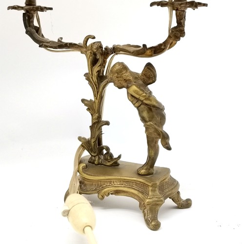 367 - Pair of brass Rococo style 2 branch table lamps with fairy & snail detail - 38cm total height