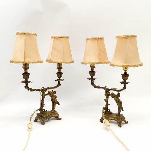 367 - Pair of brass Rococo style 2 branch table lamps with fairy & snail detail - 38cm total height