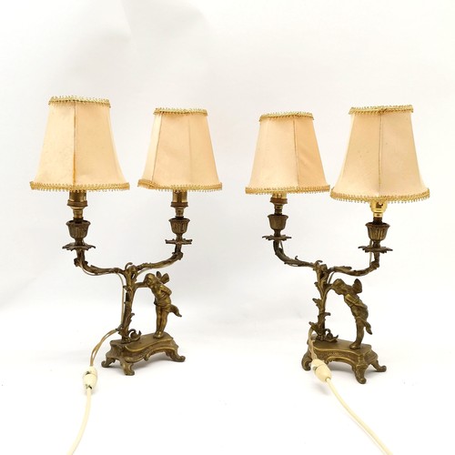 367 - Pair of brass Rococo style 2 branch table lamps with fairy & snail detail - 38cm total height