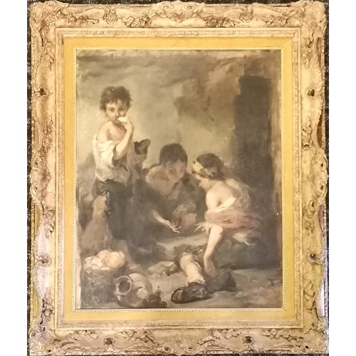 375 - Classical oil painting on canvas of 'Beggar boys playing dice' after Murillo in a Harrods vintage pi... 