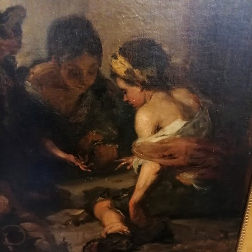 375 - Classical oil painting on canvas of 'Beggar boys playing dice' after Murillo in a Harrods vintage pi... 