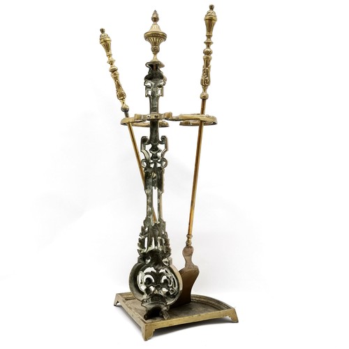 376 - Continental unusual brass corner companion set with foundry marks to base - part set only- 74cm high... 