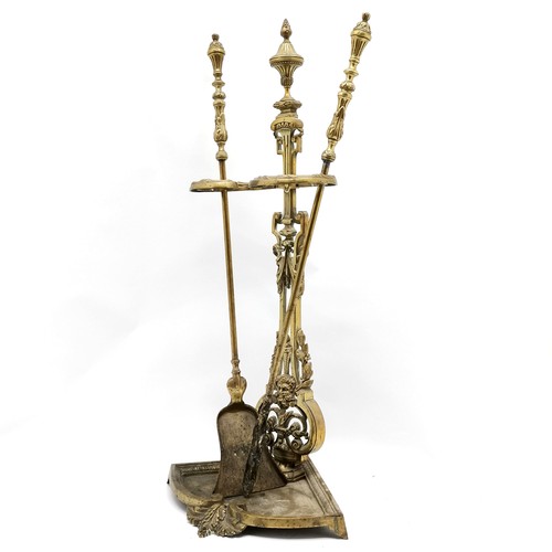 376 - Continental unusual brass corner companion set with foundry marks to base - part set only- 74cm high... 