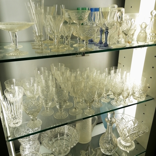 378 - Quantity of glassware including glasses, jugs, vases, pair of etched bon bon dishes etc. some has dm... 