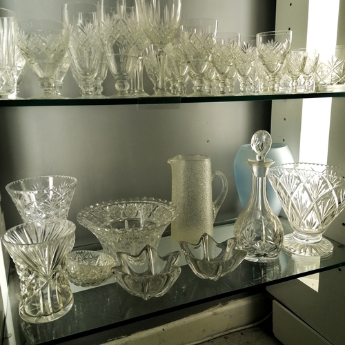 378 - Quantity of glassware including glasses, jugs, vases, pair of etched bon bon dishes etc. some has dm... 