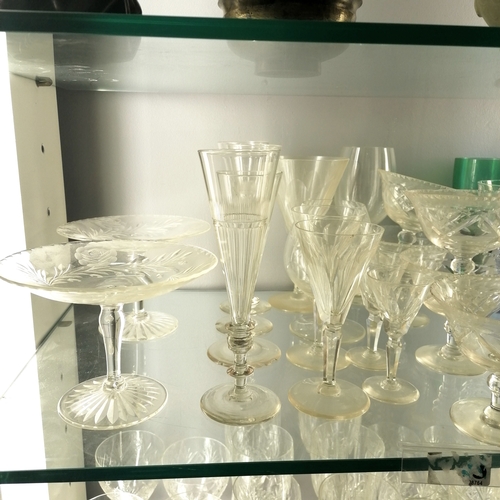 378 - Quantity of glassware including glasses, jugs, vases, pair of etched bon bon dishes etc. some has dm... 