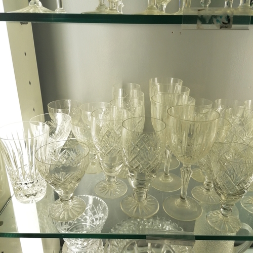 378 - Quantity of glassware including glasses, jugs, vases, pair of etched bon bon dishes etc. some has dm... 