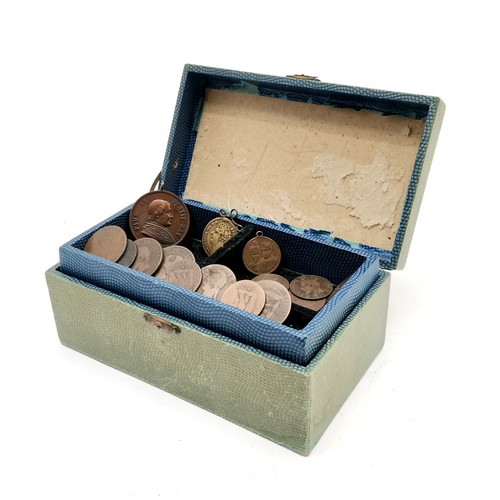 390 - Box with coins inc silver & medallions inc cased 1897 Nelson token made from copper from Foudroyant,... 