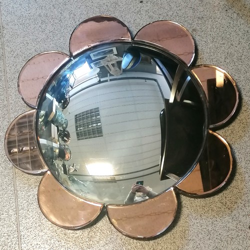 404 - Art Deco daisy mirror with peach glass petals and convex mirrored centre 48cm diameter - some petals... 