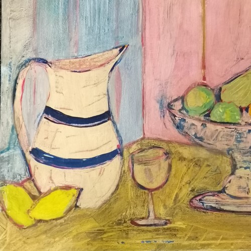 405 - Terence Robert Wood contemporary still life oil painting on canvas of a table with pink background 7... 