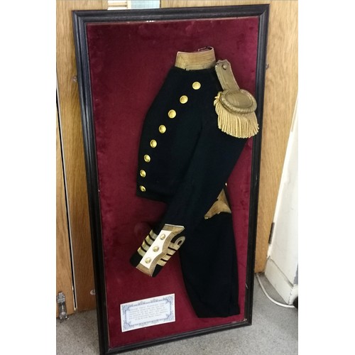 409 - Framed display of a Royal Navy Full-dress coat with Kings crown buttons frame size 114cm x 57cm