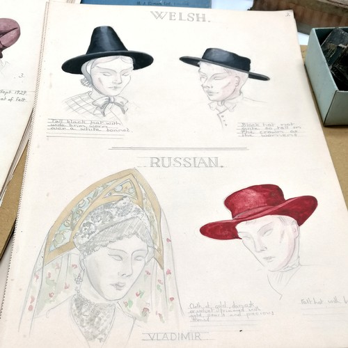 434 - Qty of artwork inc hat designs / historical designs inc signed Violet Kinsell t/w qty of art materia... 