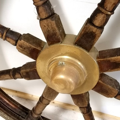 441 - Large solid teak & brass vintage ships wheel - 120cm diameter