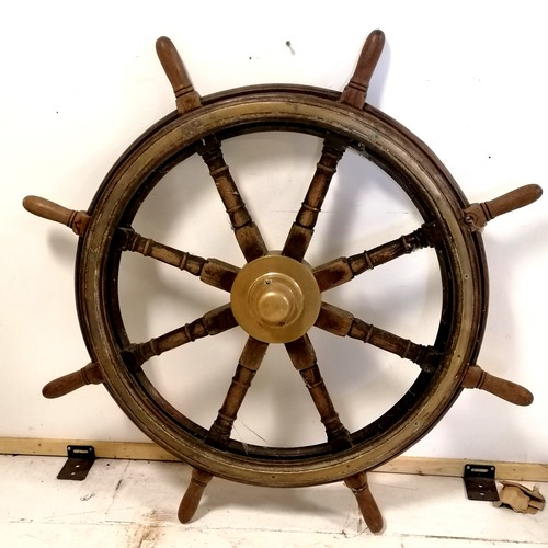 441 - Large solid teak & brass vintage ships wheel - 120cm diameter