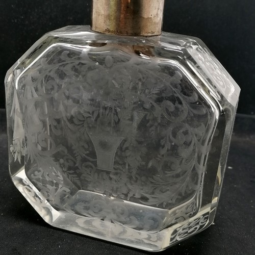 168 - Antique large etched glass scent bottle with a silver 800 marked maker TM. Collar, basket of flowers... 