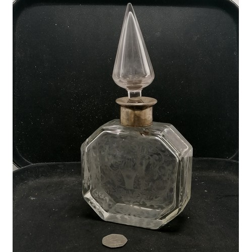 168 - Antique large etched glass scent bottle with a silver 800 marked maker TM. Collar, basket of flowers... 