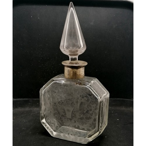 168 - Antique large etched glass scent bottle with a silver 800 marked maker TM. Collar, basket of flowers... 