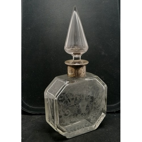 168 - Antique large etched glass scent bottle with a silver 800 marked maker TM. Collar, basket of flowers... 