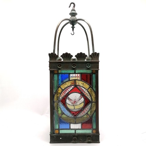 5 - Large Arts & Crafts antique stained glass hall lantern of good scale (69cm drop x 24cm square) - mis... 