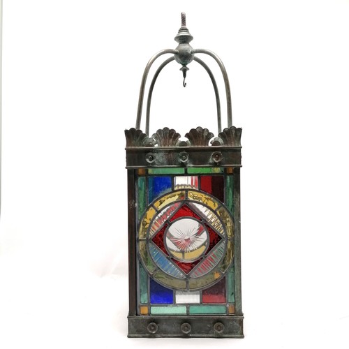 5 - Large Arts & Crafts antique stained glass hall lantern of good scale (69cm drop x 24cm square) - mis... 