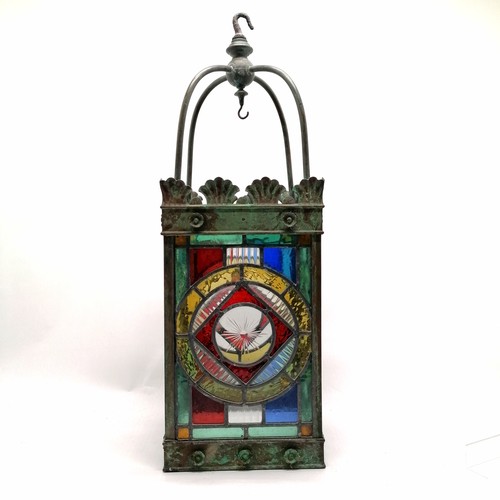 5 - Large Arts & Crafts antique stained glass hall lantern of good scale (69cm drop x 24cm square) - mis... 